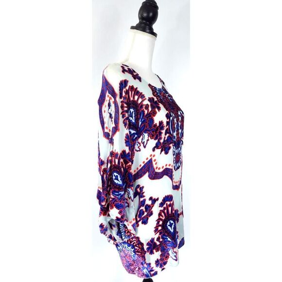 Hale Bob Silk Chiffon Velvet Burnout Blue Orange Kimono Tunic Top Size Small - Picture 2 of 8